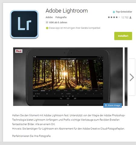 Lightroom für Android V 1.2 im Playstore