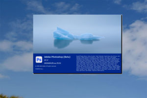 Adobe Photoshop Beta Version 27.7 Startbildschirm mit Eisberg-Motiv und Versionsinformationen