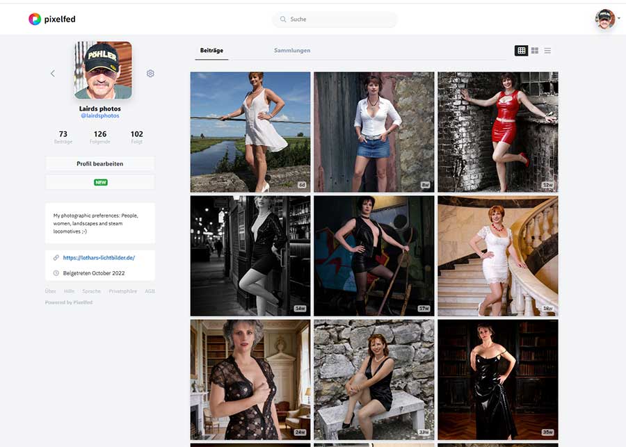 Pixelfed Profilseite von Lairds Photos mit Galerie-Ansicht für People-Fotografie und Portfolio-Übersicht
