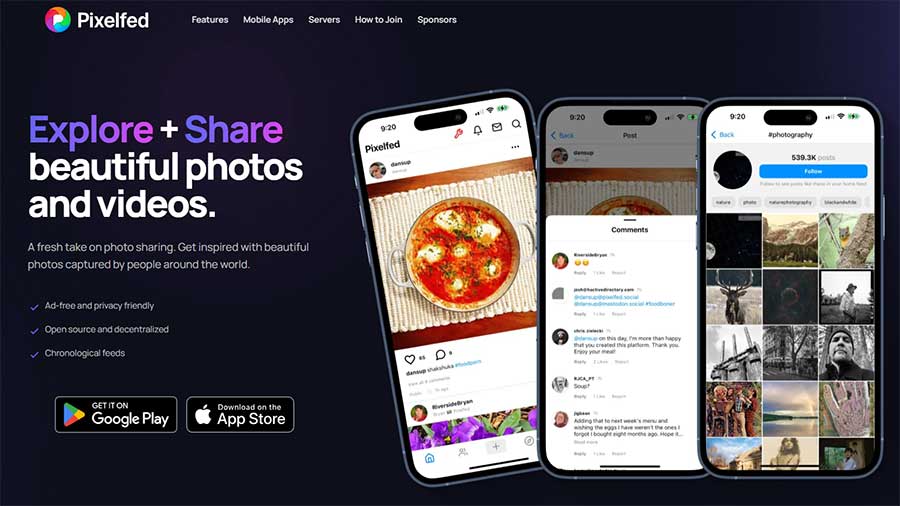 Pixelfed App-Präsentation mit Smartphone-Mockups zeigt die werbefreie Foto-Plattform mit chronologischem Feed und Download-Optionen für iOS und Android